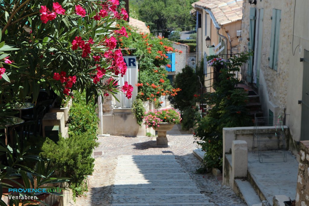 Ruelle fleurie qui descend dans le vieux village.