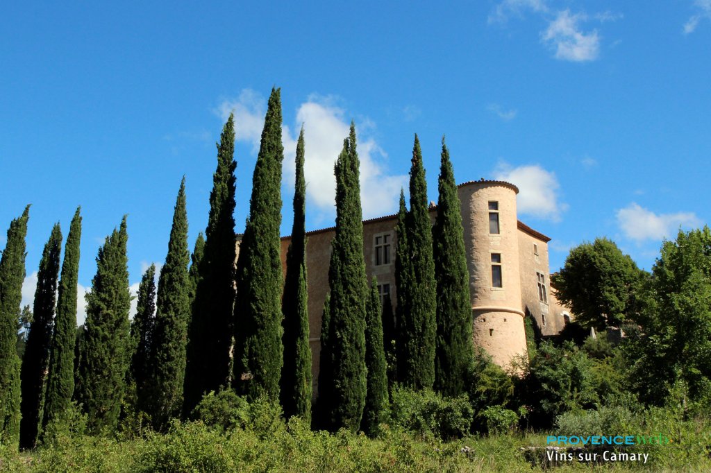 Ch&acirc;teau de Vins sur Caramy derri&egrave;re des cypr&egrave;s.